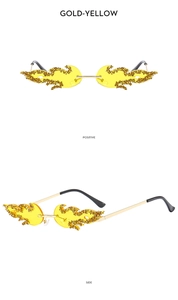 Detailed views showing gold-yellow flame shaped lenses with rhinestones and metal temples