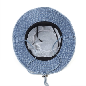 Blue denim sun hat with breathable mesh lining and adjustable chin strap on white background