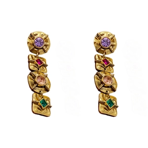 Vintage gold drop earrings with multi-colored gemstones on a clean white background