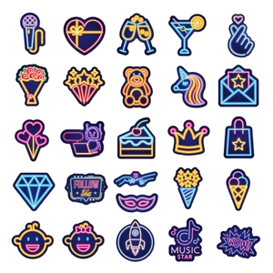 Detailed grid of 25 colorful neon art stickers featuring music and cartoon motifs