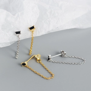 Detailed view of S925 silver fringe earrings with black zircon stones and metal chains