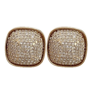 Elegant square gold stud earrings with pavé crystals on a minimalist metal base
