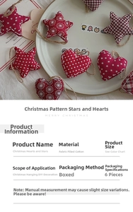 Close-up of Christmas fabric heart and star ornaments with red and white patterns