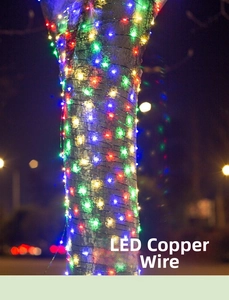 Macro detail of waterproof LED copper wire fairy lights wrapped on outdoor tree branch