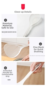 Detail of white nylon kitchen skimmer with dense fine holes and long ergonomic handle