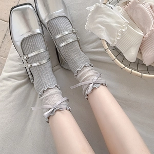 Sweet Lolita ruffled crew socks with silk ribbon bows in grey, white and pink colors