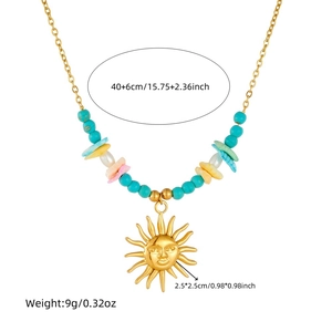 Bohemian gold sun pendant necklace with colorful stone beads and turquoise on steel chain