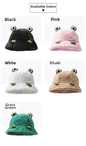 Detailed grid of plush frog bucket hats available in black, pink, white, khaki, and green