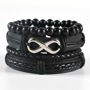 Set Bracciali Vintage in Pelle Nera Uomo Fatti a Mano Cordino Intrecciato Simbolo Infinito Regolabile Gioielli Fashion Retrò