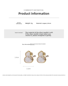 Detailed macro view of gold-plated gourd stud earrings with white mother of pearl and zircon