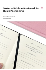 Macro view of A5 linen journal featuring a black silk bookmark and gratitude prompt pages