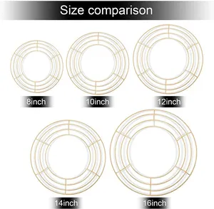 Size chart for golden metal wreath frames ranging from 8 to 16 inches for DIY decor