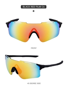 Front and side view of black sports cycling sunglasses with red mirrored lenses