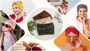 Collage of wide bohemian headbands in various colors worn by models in outdoor settings