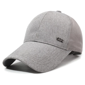 Light gray outdoor baseball cap with mesh panels and metal SORT logo on front view