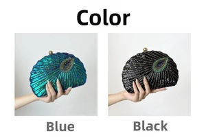 Detailed comparison of blue and black peacock clutch bags with beads and sequins