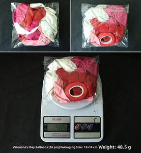 Detailed view of 16pcs Valentine's Day latex balloons set with weight measurement and packaging