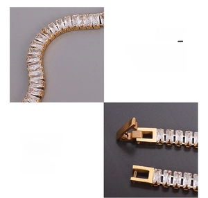 Macro detail of rectangle-cut zircon tennis bracelet in 18K gold-plated titanium steel