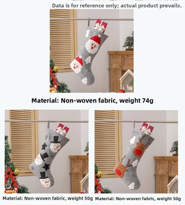 Detail showing non-woven Christmas stockings with Santa, snowman and reindeer designs