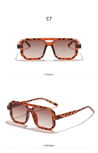 Close-up of square leopard print sunglasses with double bridge and gradient brown lenses