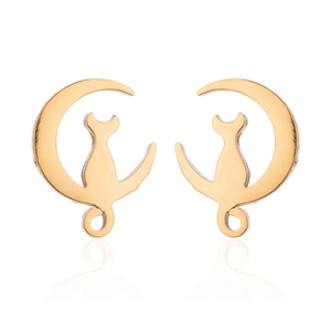 Minimalist gold moon and cat silhouette stud earrings for women with a polished finish