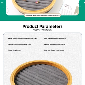 Detailed view of 25cm round bamboo ring tray with gray velvet slots for jewelry display