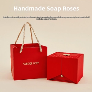 Red double-door gift box with soap roses and a matching Forever Love gold handle tote bag