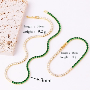 Detail view of 3mm emerald and white zircon necklaces with length and weight specs