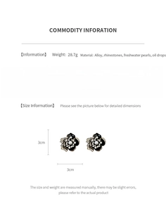 Detail showing vintage flower stud earrings with pearls, rhinestones and oil drop finish