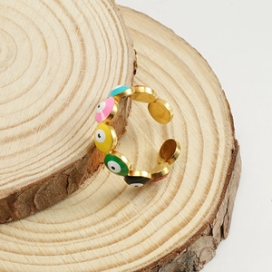 18k gold plated stainless steel evil eye open ring with colorful enamel inlay on wood