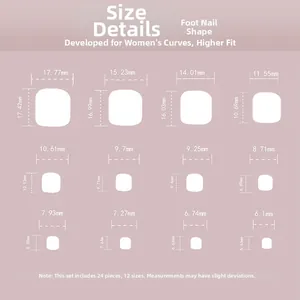 Size chart showing 12 different specifications for black and silver press on toe nails