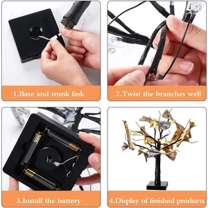 Four-step installation guide for LED birch tree lamp with money clips and base