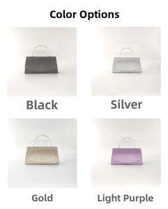 Elegant evening clutch bags with pearl handles in black, silver, gold, and lavender shimmer