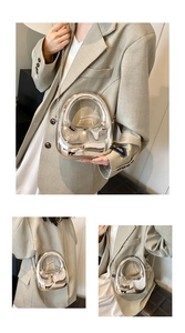 Silver mirror acrylic evening clutch bag shown in multiple angles with a hand strap