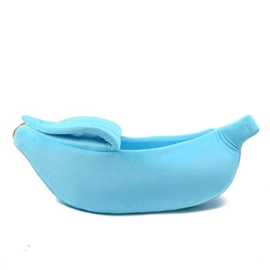 Banana-shaped light blue plush pet bed for small cats and dogs in soft velvet