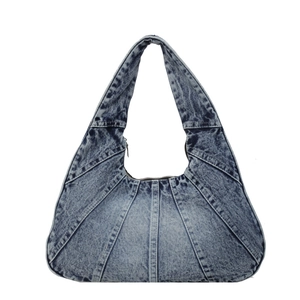 Sac à main croissant en denim bleu foncé délavé au design patchwork tendance pour femme