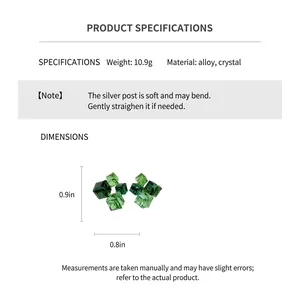 Detailed size chart for green crystal square stud earrings with silver needle pins
