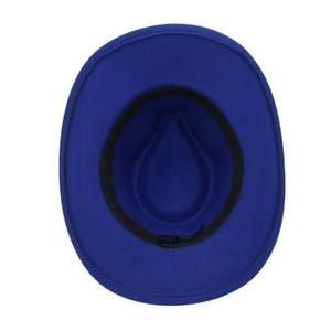 Detail view of royal blue fedora interior with sweatband and sizing label