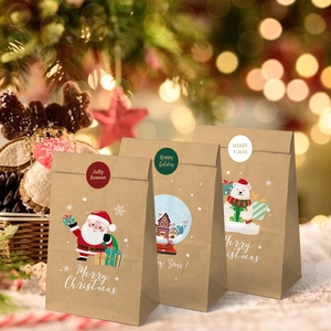 Three kraft paper Christmas gift bags with Santa and polar bear illustrations and stickers