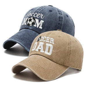 Vintage cotton baseball caps with Soccer Mom and Dad embroidery and soccer ball motif