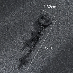 Macro detail of gothic black stainless steel cross earrings with chain tassel and dimensions