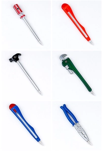Close-up of 6 creative tool-shaped ballpoint pens in a 2x3 grid layout with sharp details