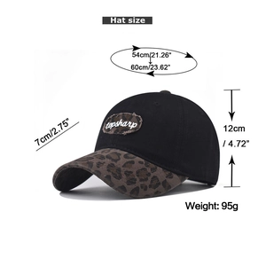 Mesure détaillée d'une casquette avec bord léopard montrant une taille de 54-60cm