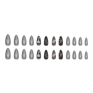 Halloween dark press-on nails with spider web designs and silver glitter stiletto shape