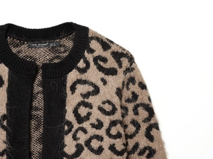 Close-up of leopard jacquard knit cardigan neckline with soft fleece texture