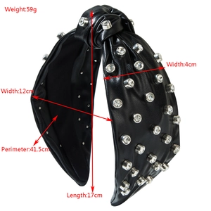 Black leather knotted headband with silver rivets and dimension details on white background