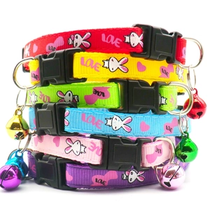 Detailed set of 6 nylon pet collars with bells and heart patterns in various colors