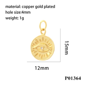 Technical drawing of 12mm 18K gold plated evil eye charm with detailed size measurements