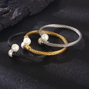 Twisted Cable Bangle Stainless Steel Open Cuff Bracelet With Artificial Pearl Ends Minimalist Unisex Niche Jewelry