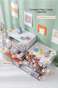 Detail of white desktop organizer with transparent drawers for stationery and cosmetics